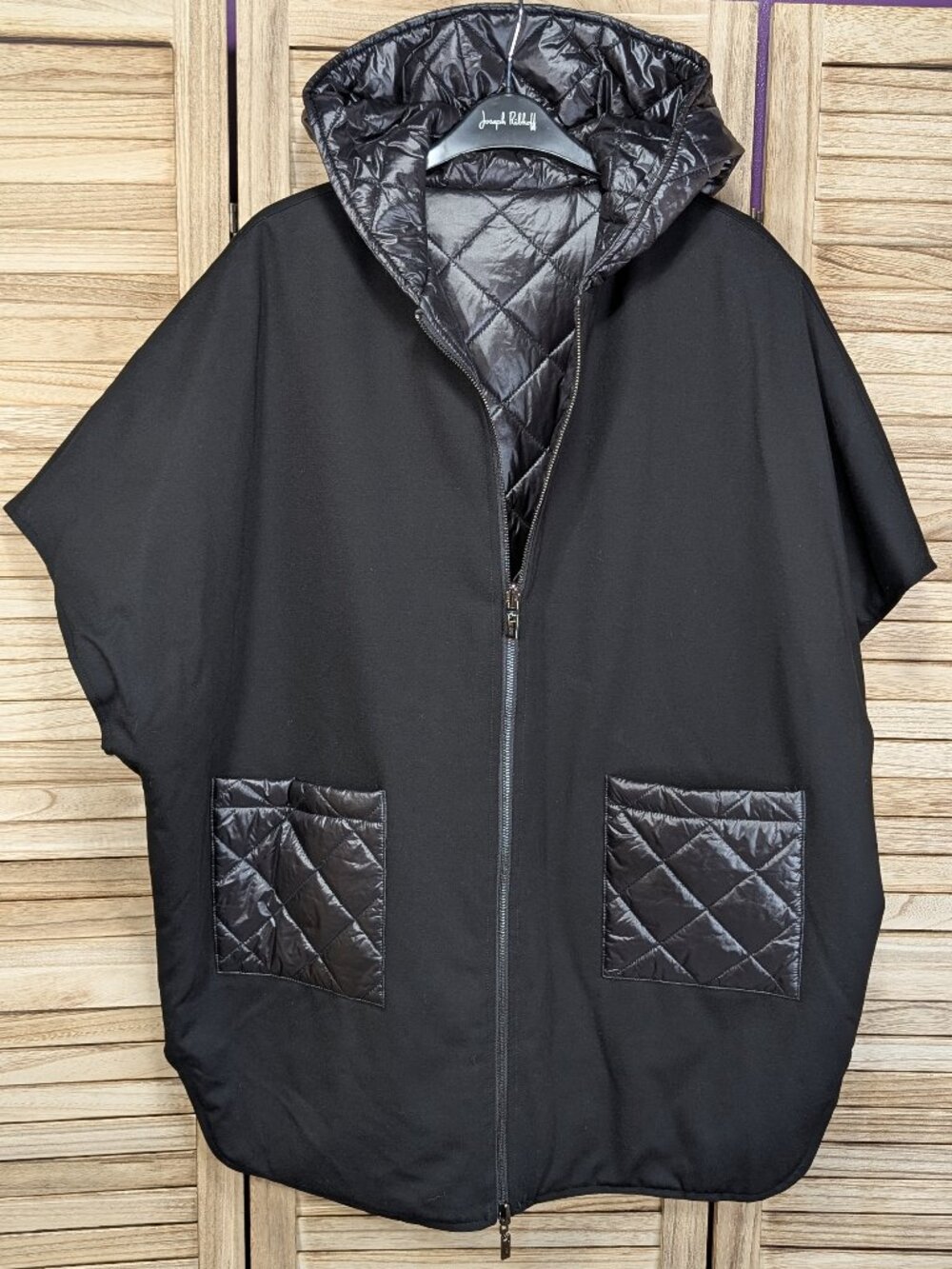 Joseph Ribkoff Black Quilted Hooded Reversible Cape Jacket Size 12